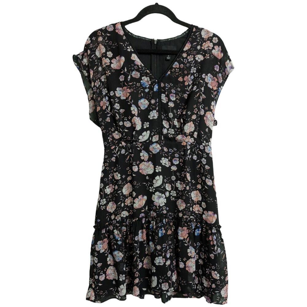 GREYLIN Black Floral V Neck Short Sleeve Ruffle Hem Dress Size S
